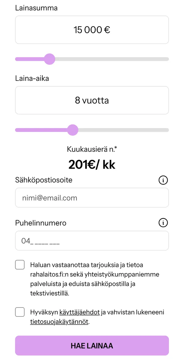 Rahalaitoksen hakulomake mobiilissa: lainasumma 15 000 euroa, laina-aika 8 vuotta, sähköposti ja puhelinnumero