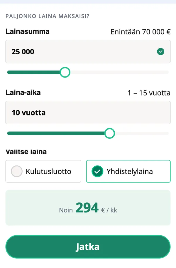 Uno Lainan laskuri mobiilissa: lainasumma 25 000 euroa, laina-aika 10 vuotta, lainatyyppi ja arvio noin 294 euroa kuukaudessa