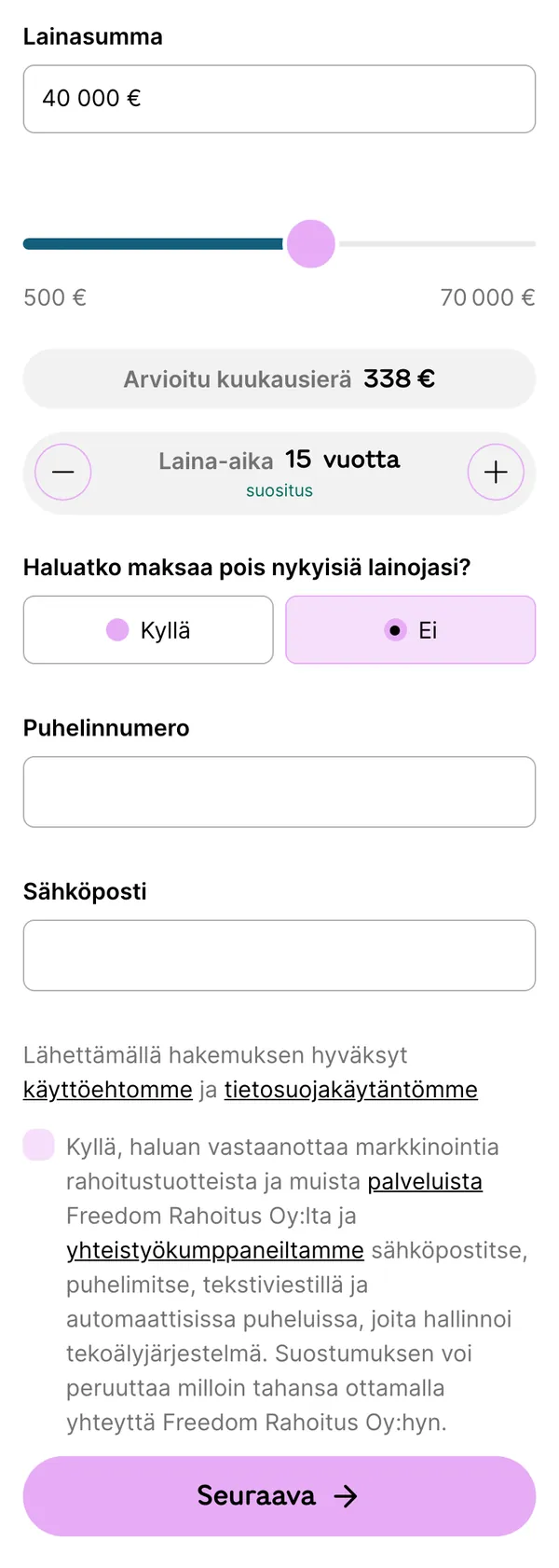 Zmartan hakulomake mobiilissa: lainasumma 40 000 euroa, laina-aika 15 vuotta, nykyisten lainojen poismaksu, puhelinnumero ja sähköposti